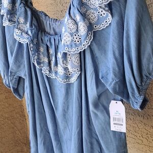Time and Tru Blue Top with White Embroidery